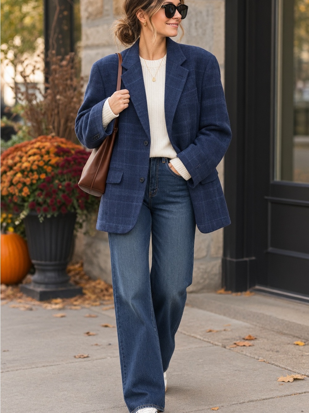 Cotton/Linen Navy plaid Blazer with elbow patches